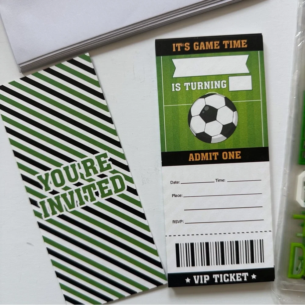 12 soccer birthday‎ invitations and 12 soccer theme treat bags with ties
